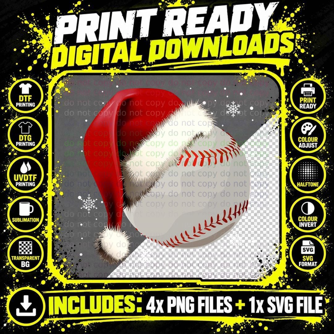 Baseball Santa Hat T-Shirt, Christmas Sports Apparel Png SVG Digital Bundle