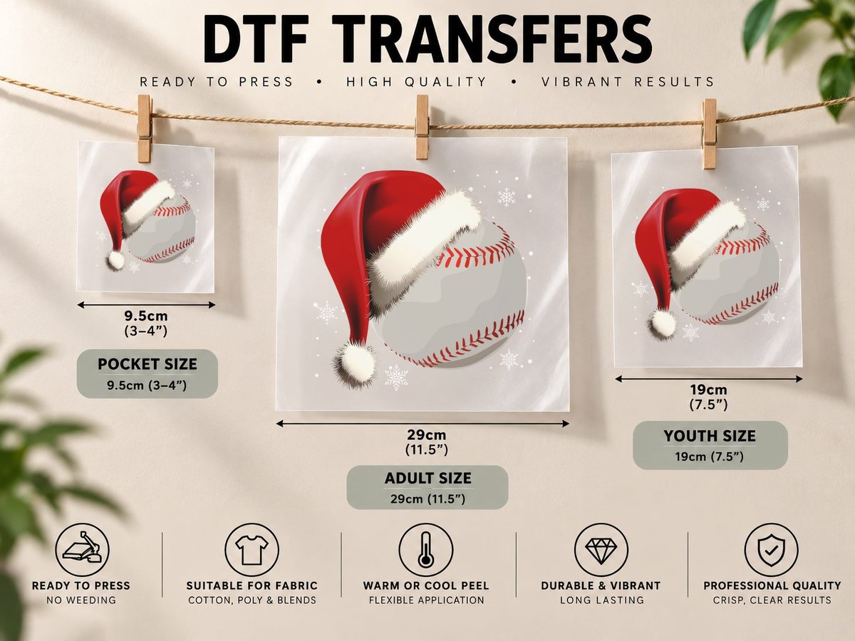 Baseball Santa Hat, Christmas Sports DTF Transfer Iron On