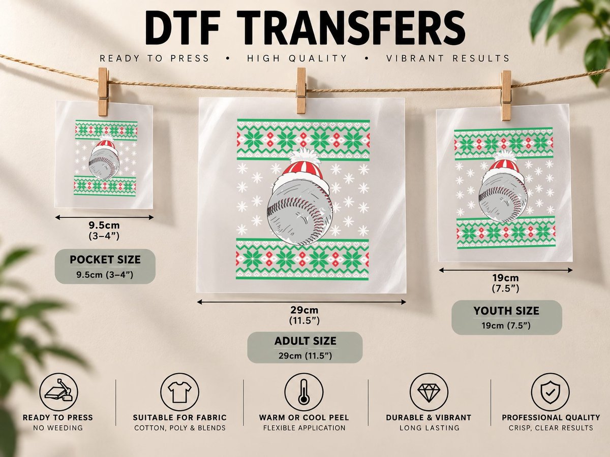 Baseball Santa Hat, Christmas Sports Style DTF Transfer Iron On