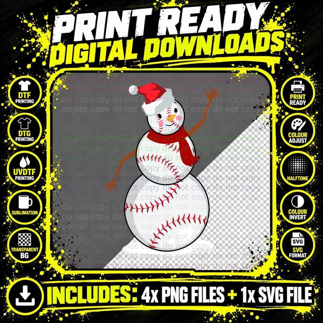 Baseball Snowman T-Shirt, Christmas Baseball Theme Png SVG Digital Bundle