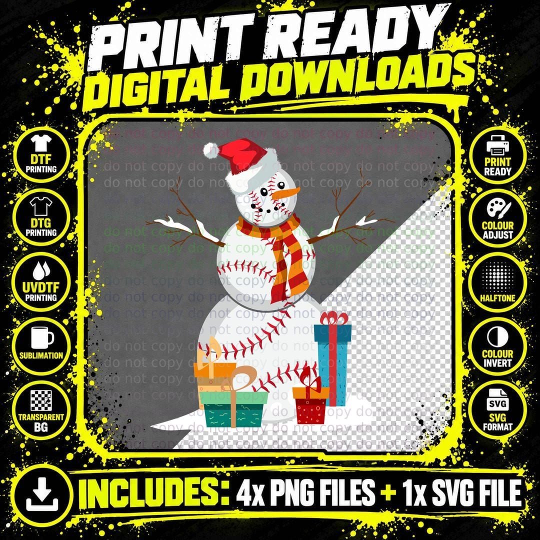 Baseball Snowman T-Shirt, Christmas Baseball Theme Png SVG Digital Bundle
