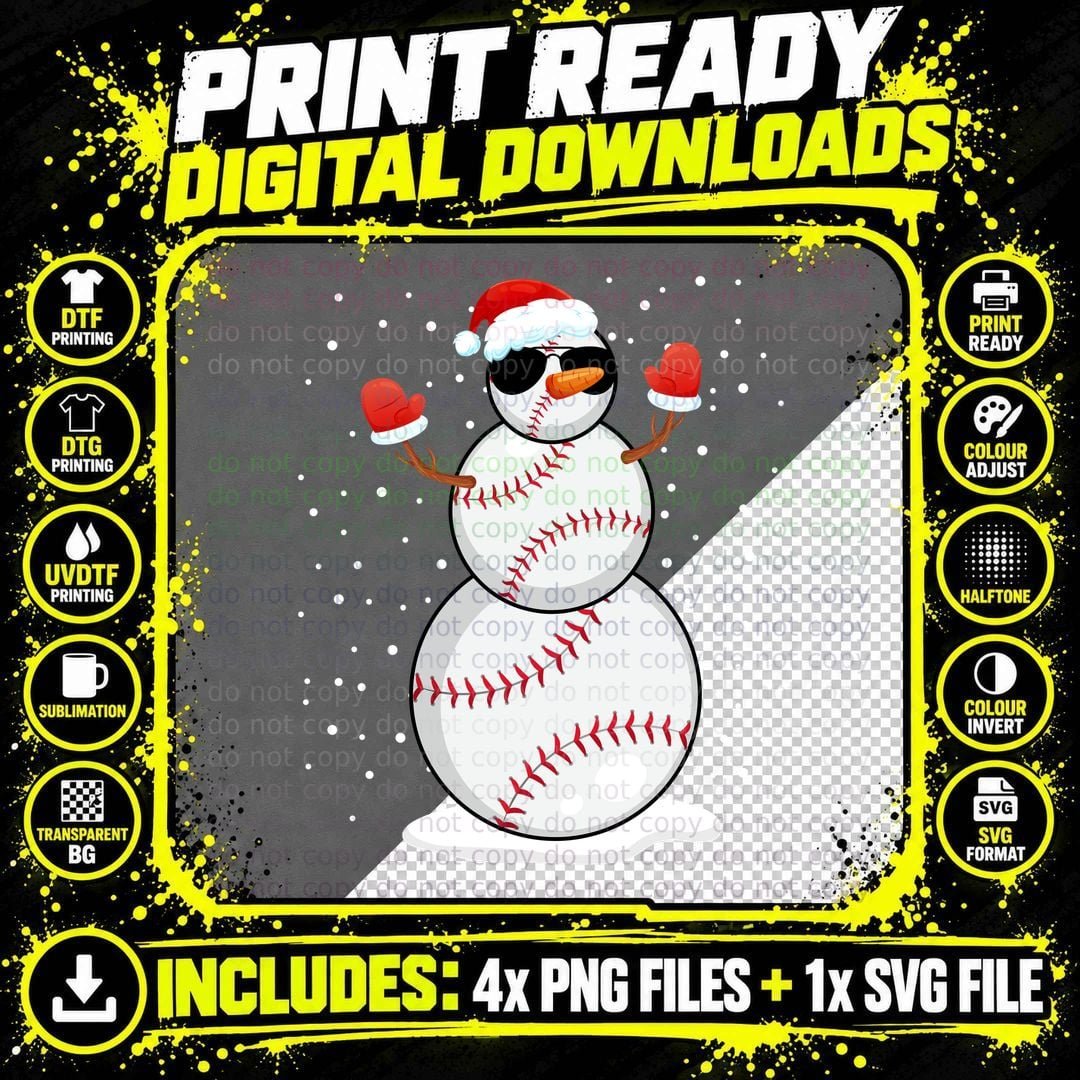 Baseball Snowman T-Shirt, Christmas Baseball Theme Png SVG Digital Bundle