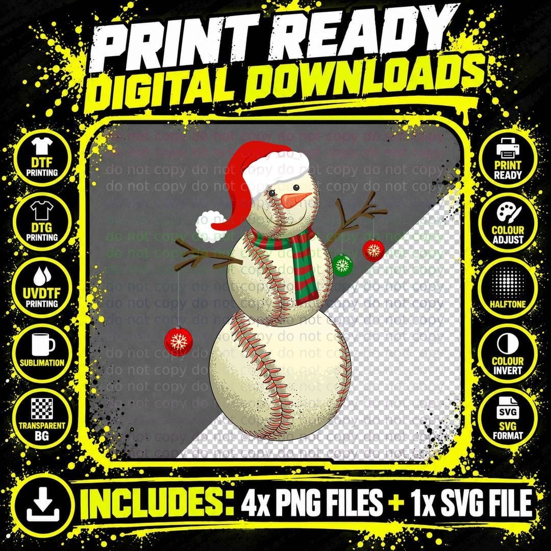 Baseball Snowman T-Shirt, Christmas Holiday Print Png SVG Digital Bundle
