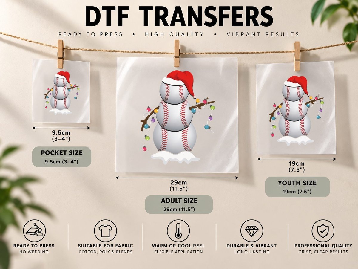 Baseball Snowman, Christmas Holiday Theme DTF Transfer Iron On