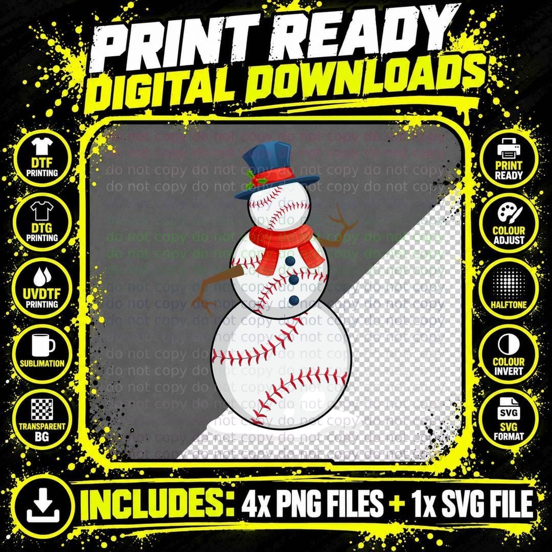 Baseball Snowman T-Shirt, Festive Baseball Theme Png SVG Digital Bundle