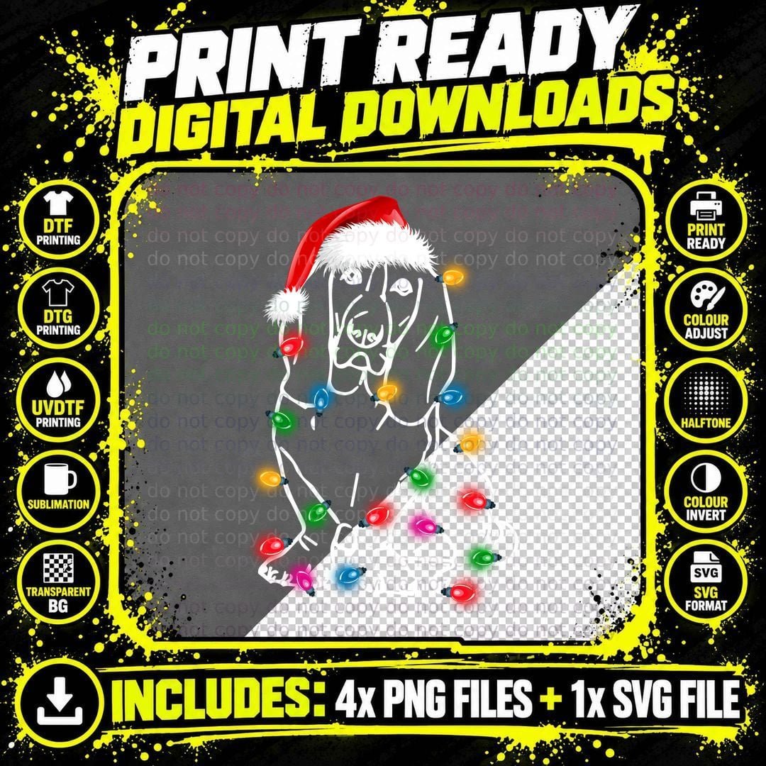 Basset Hound Christmas Lights T-Shirt Png SVG Digital Bundle