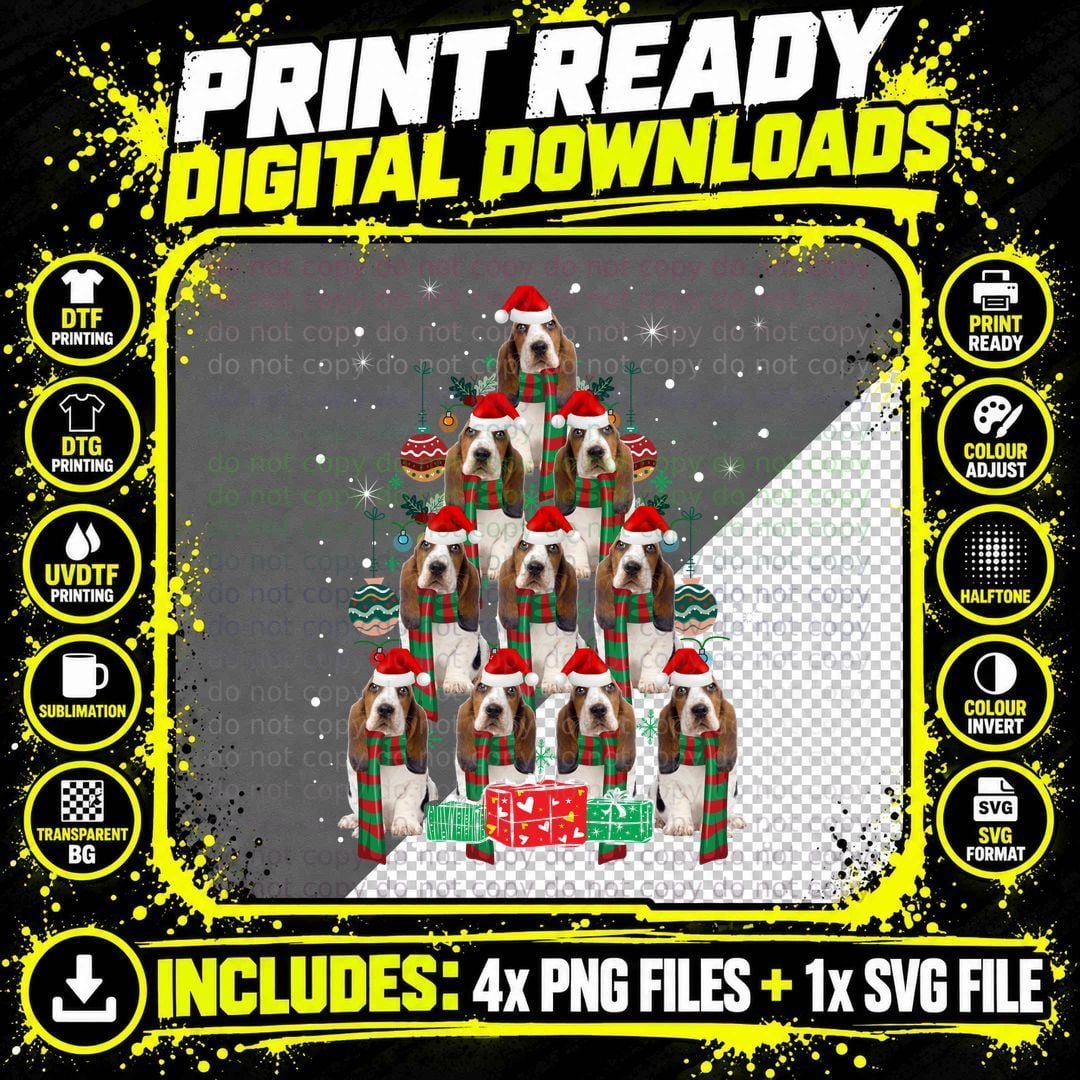 Basset Hound Christmas Tree T-Shirt Png SVG Digital Bundle