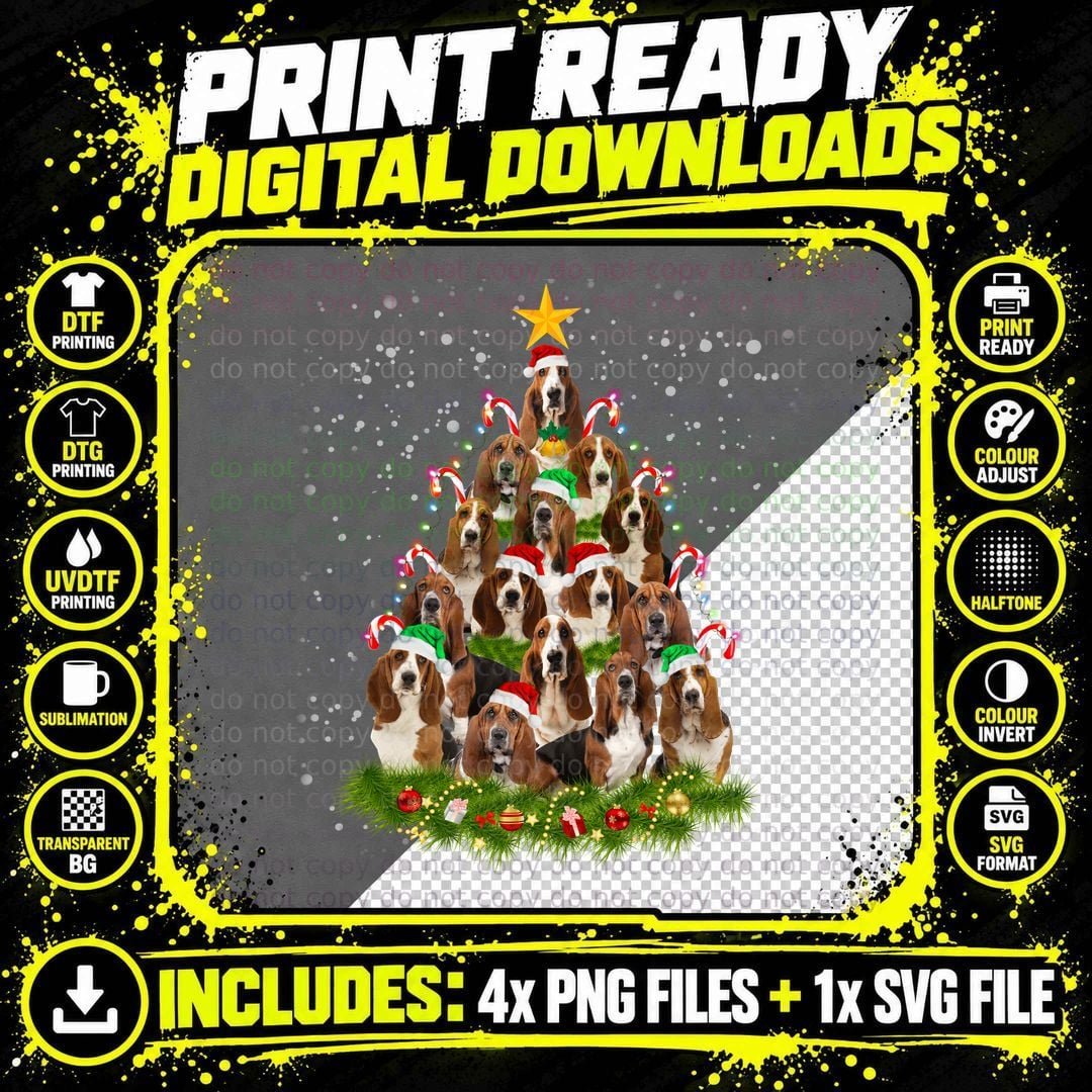 Basset Hound Christmas Tree T-Shirt Png SVG Digital Bundle