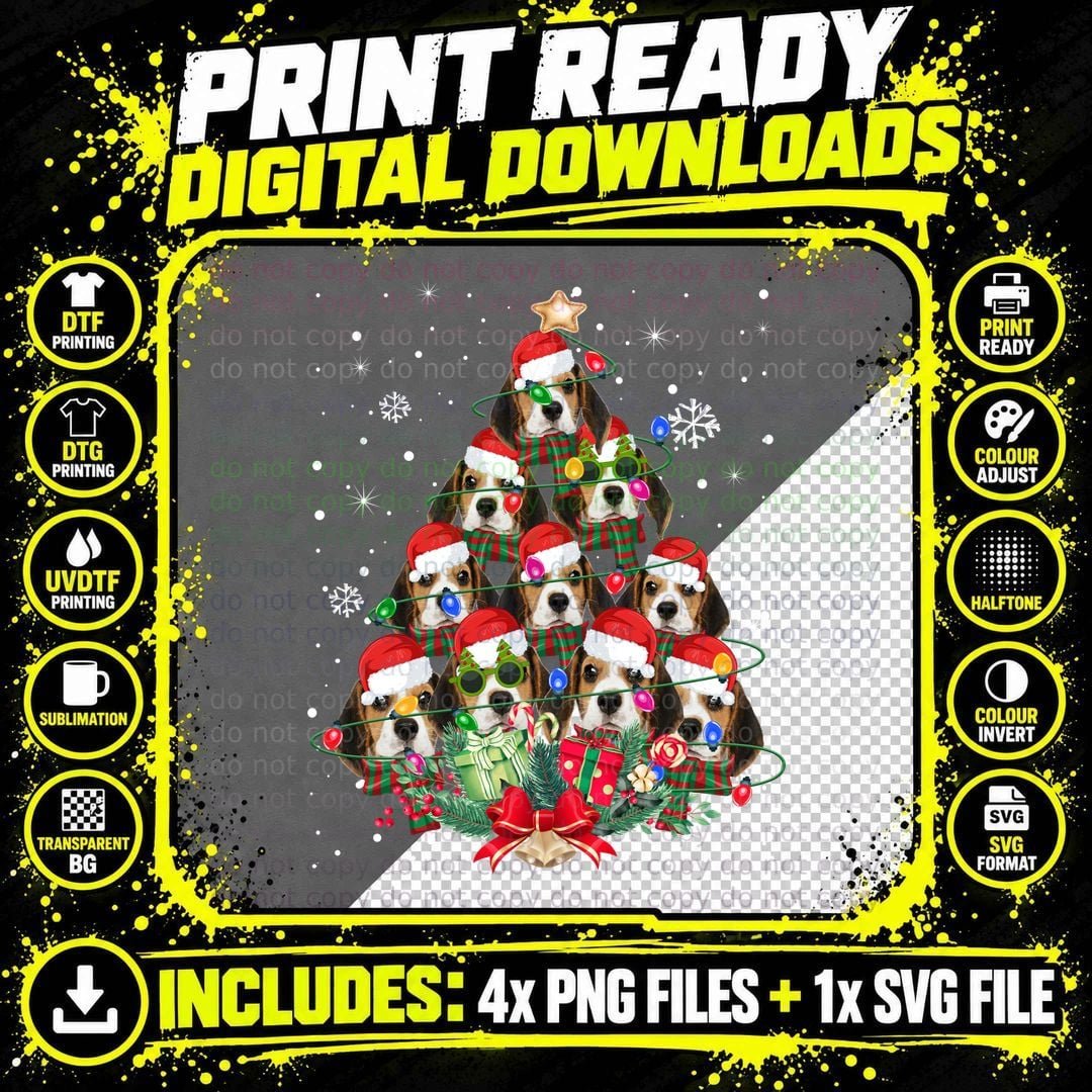 Beagle Christmas Tree T-Shirt, Festive Holiday Print Png SVG Digital Bundle