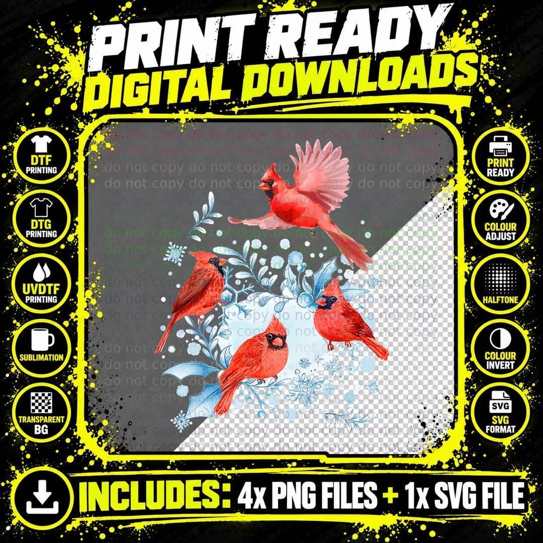 Beautiful Red Cardinal Birds Winter Scene Christmas Png SVG Digital Bundle