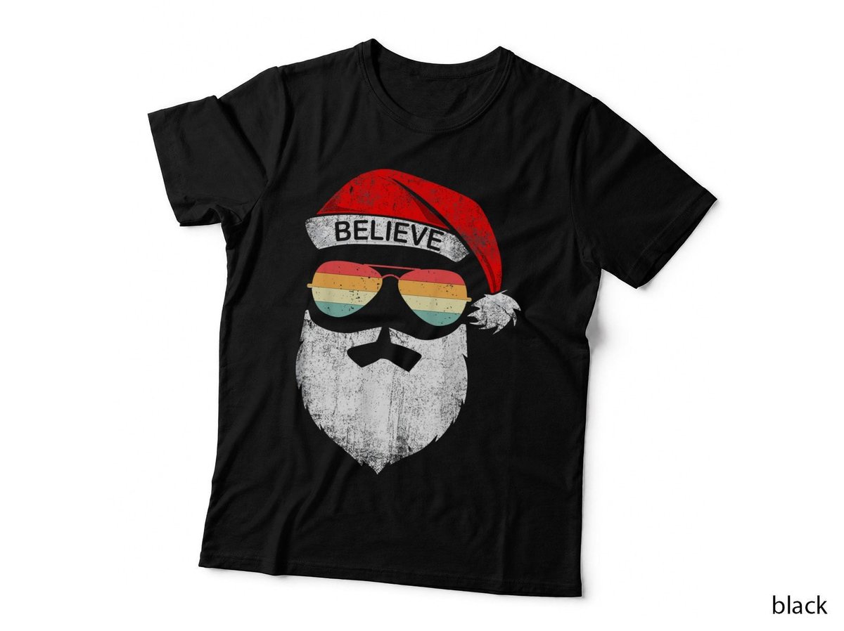 Believe in Santa Hat Mustache Vintage Sunglasses Christmas T-Shirt