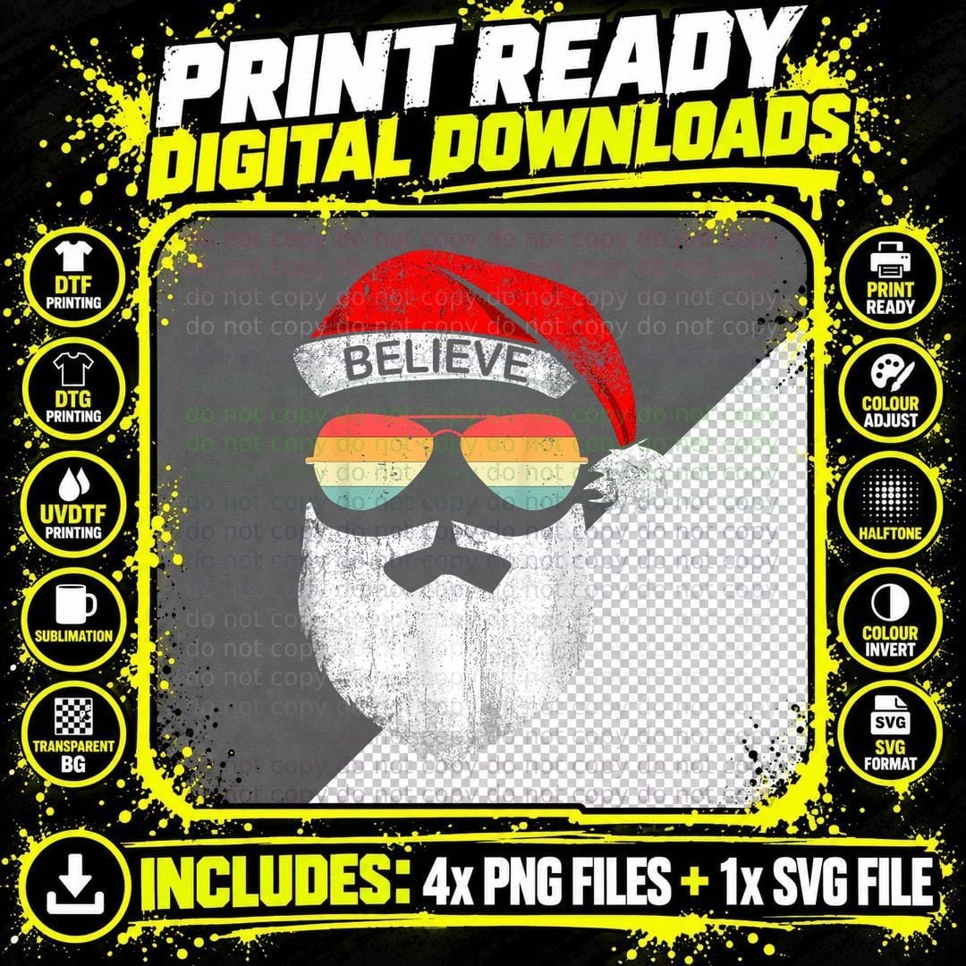 Believe in Santa Hat Mustache Vintage Sunglasses Png SVG Digital Bundle