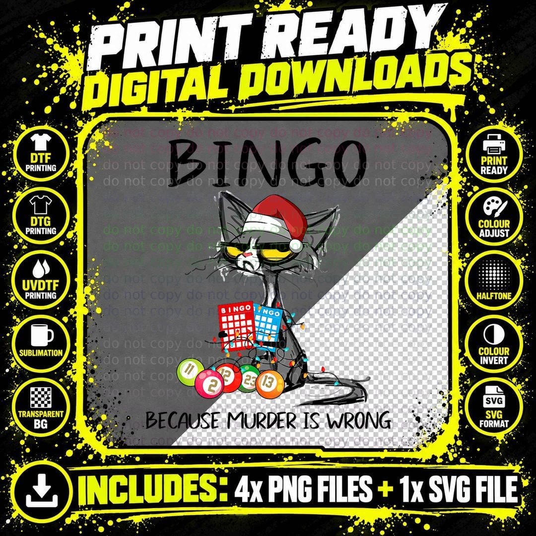 Bingo Cat Christmas Ugly Cat Black Cat Xmas Light Cool Png SVG Digital Bundle