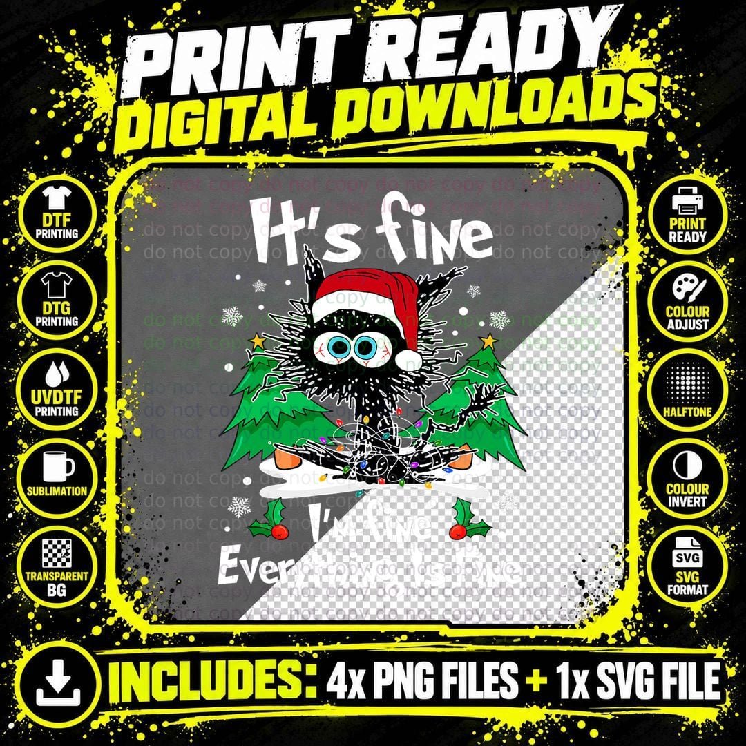 Black Cat Christmas It's Fine I'm Fine Everything Is Png SVG Digital Bundle