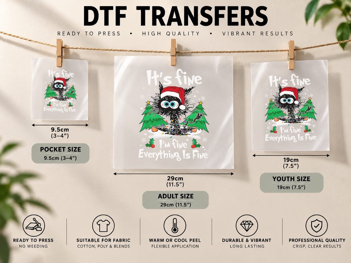 Black Cat Christmas It's Fine I'm Fine Everything Is Fine DTF Transfer Iron On