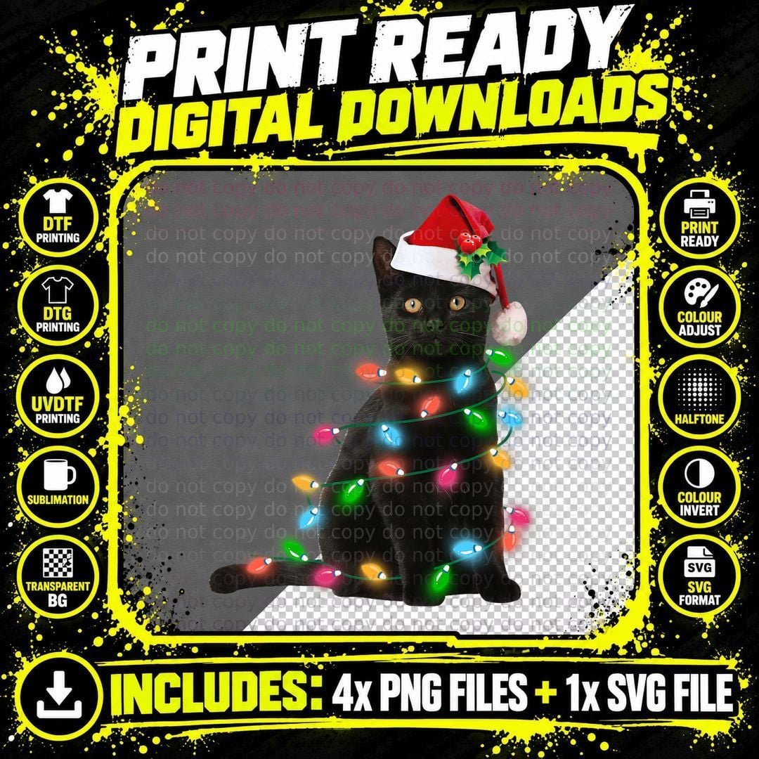 Black Cat Christmas Light Funny Cat Lover Christmas Png SVG Digital Bundle