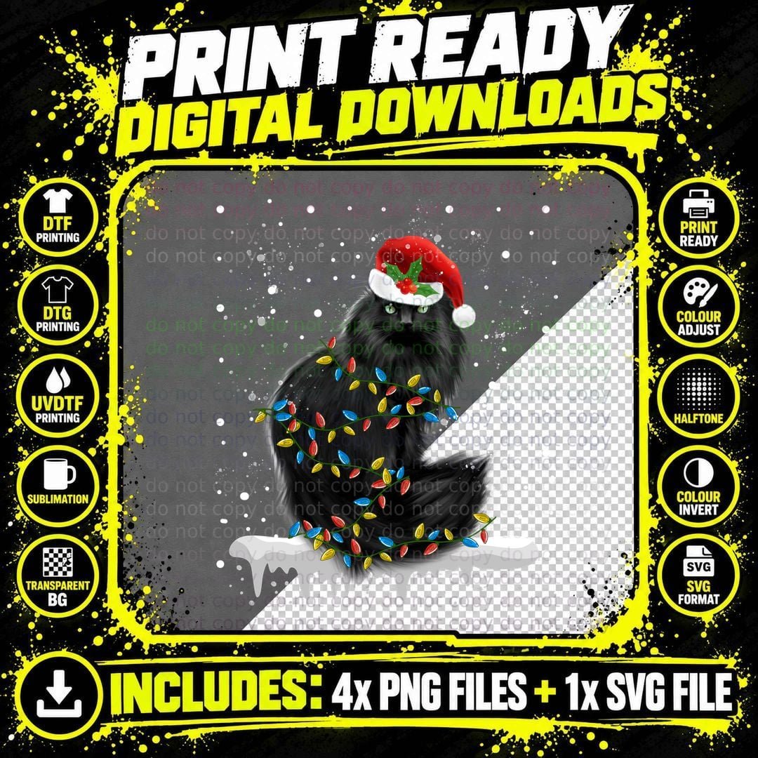 Black Cat Christmas Lights T-Shirt Png SVG Digital Bundle