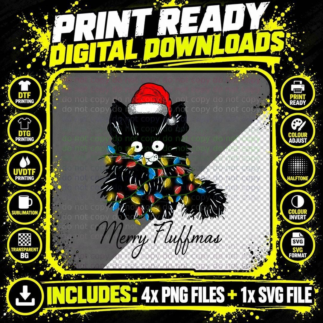 Black Cat Merry Fluffmas T-Shirt, Christmas Holiday Png SVG Digital Bundle