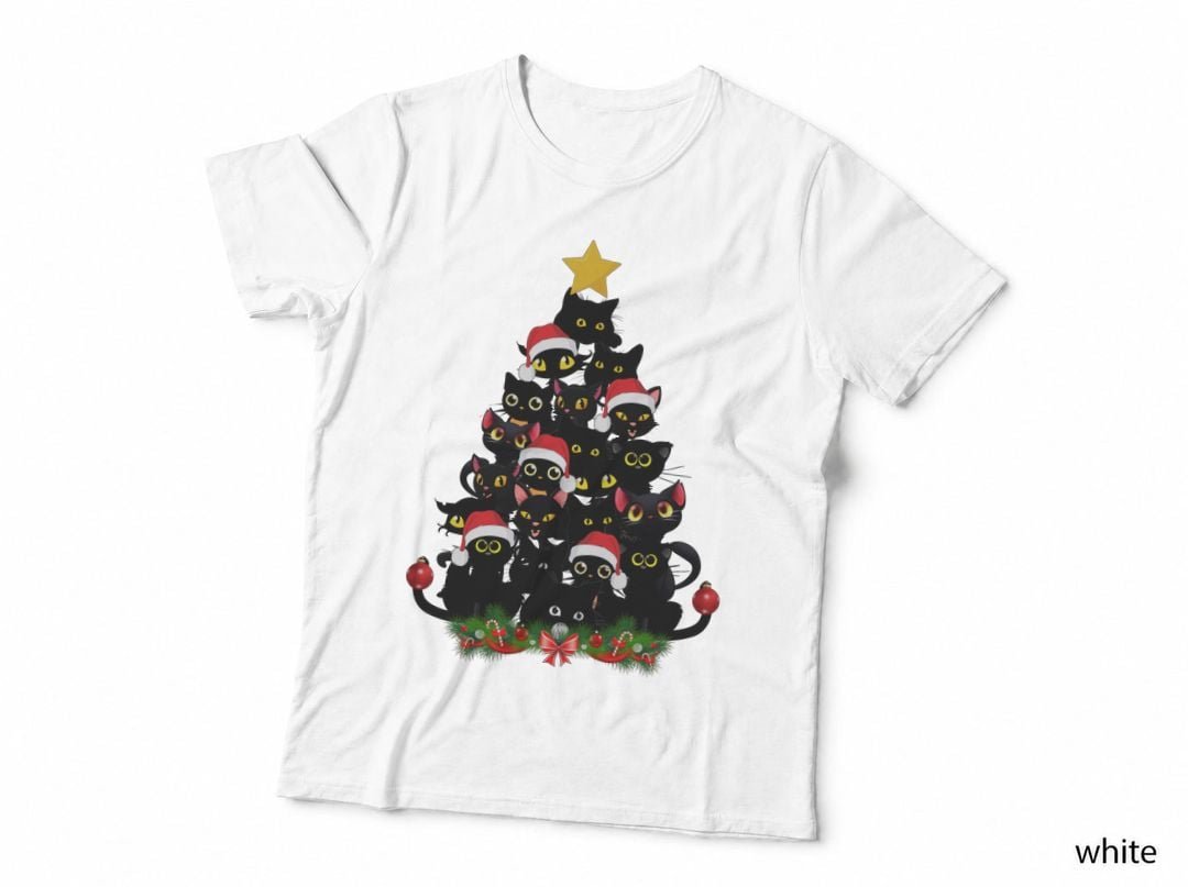 Black Cats Christmas Tree T-Shirt, Festive Holiday Print, Pet Lover Apparel
