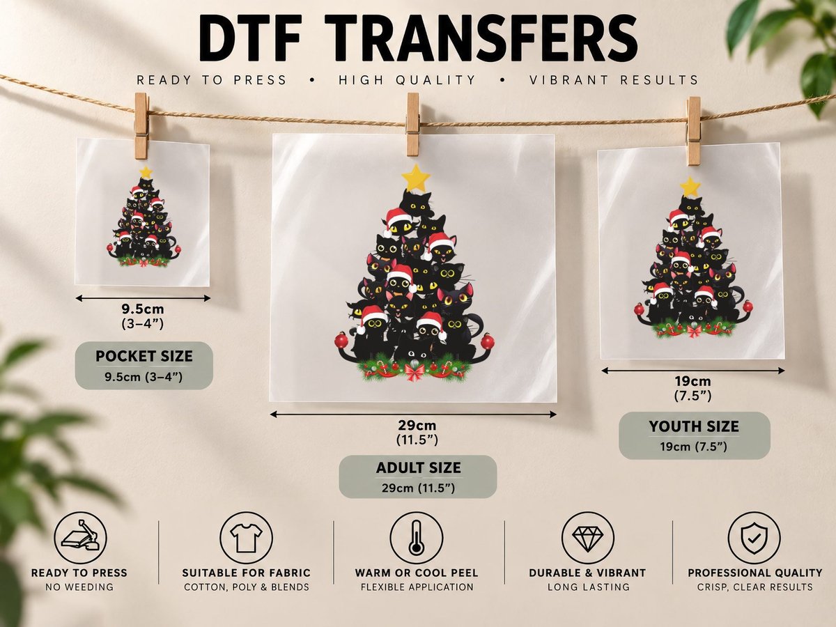 Black Cats Christmas Tree, Festive Holiday Print, Pet Lover DTF Transfer Iron On