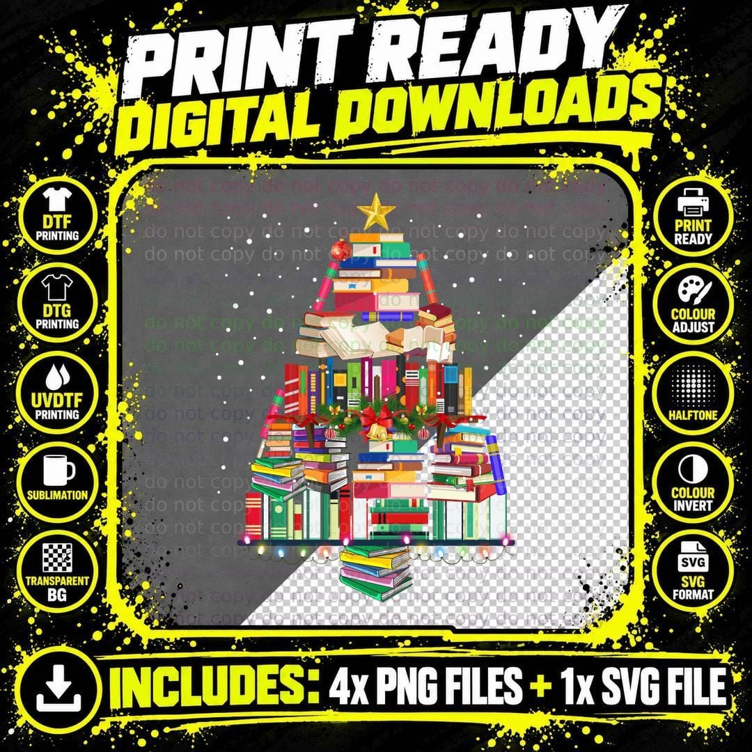 Book Stack Christmas Tree T-Shirt, Festive Holiday Style Png SVG Digital Bundle