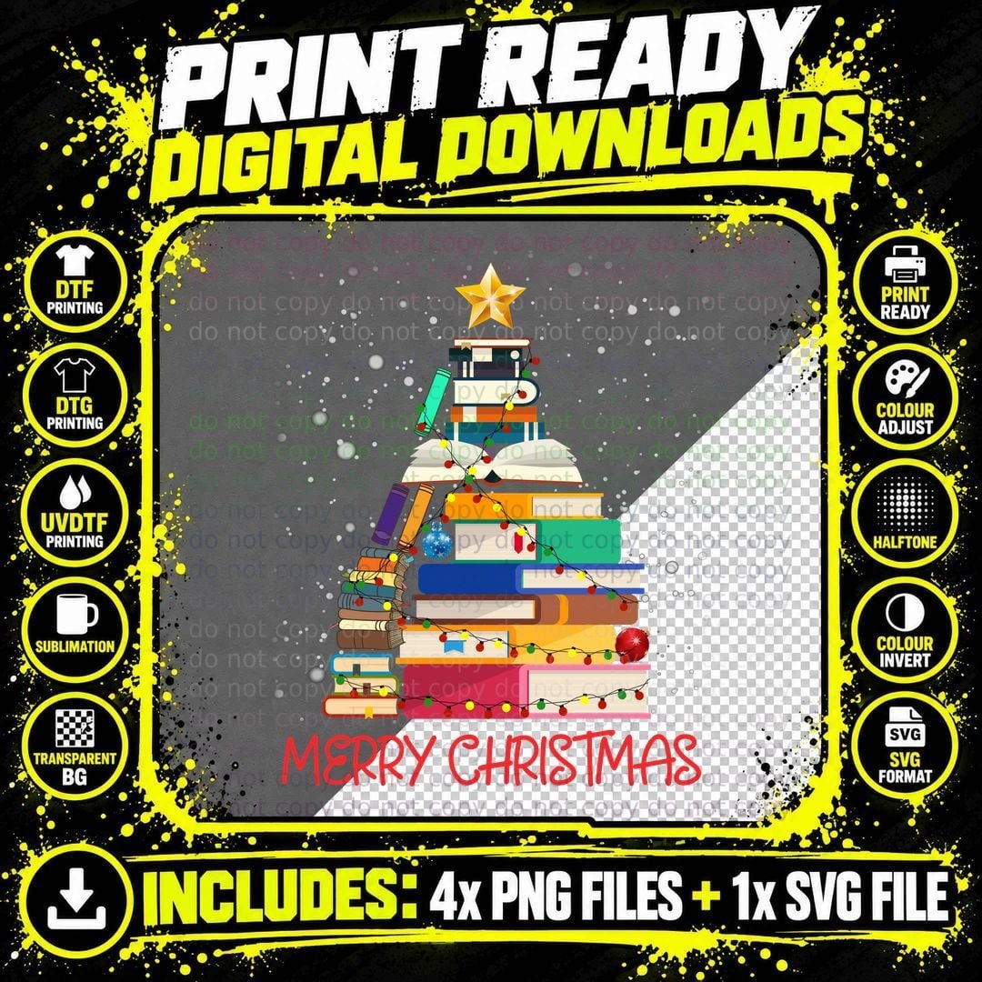 Book Stack Christmas Tree T-Shirt, Festive Holiday Style Png SVG Digital Bundle