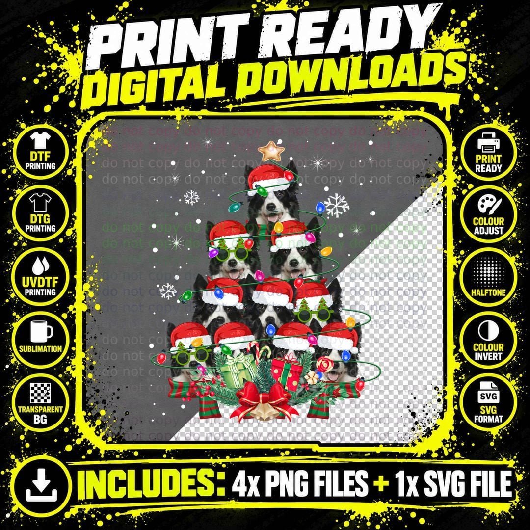 Border Collie Christmas Tree T-Shirt, Festive Pet Design Png SVG Digital Bundle