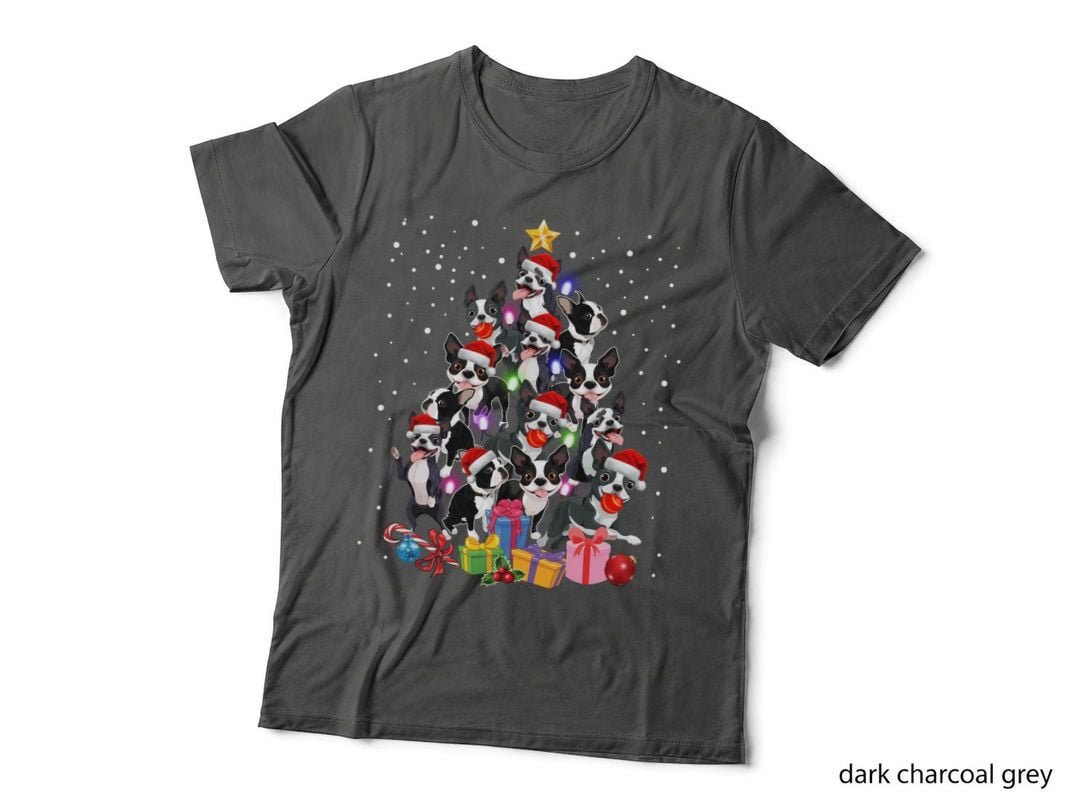 Boston Terrier Christmas Tree T-Shirt, Festive Holiday Design