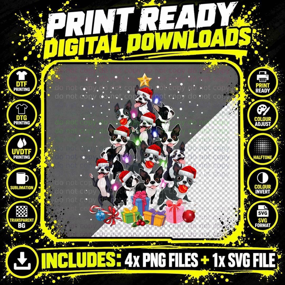Boston Terrier Christmas Tree T-Shirt Png SVG Digital Bundle