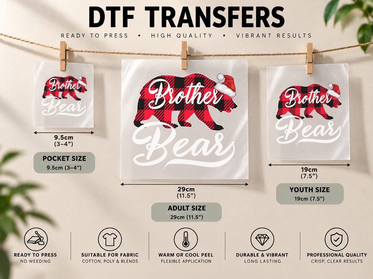 Brother Bear Christmas Plaid, Holiday Buffalo Check DTF Transfer Iron On