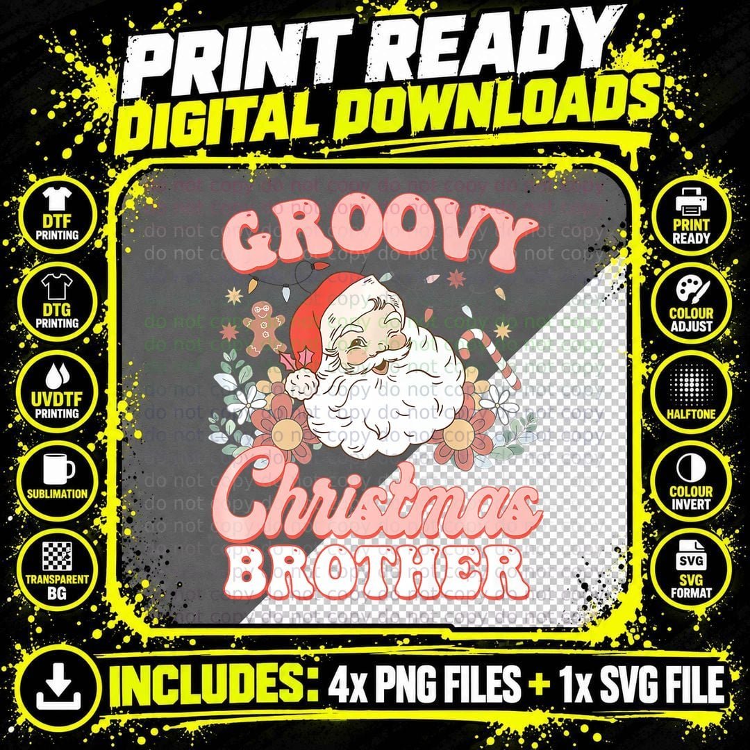 Brother Groovy Christmas Pink Vintage Santa Retro Family Png SVG Digital Bundle