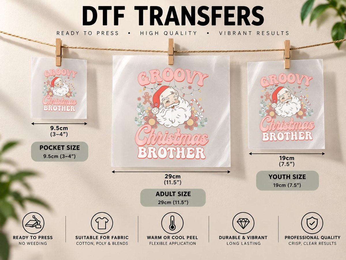 Brother Groovy Christmas Pink Vintage Santa Retro Family DTF Transfer Iron On
