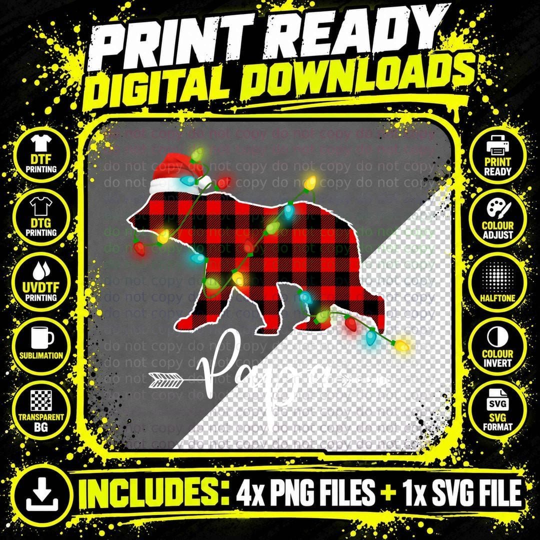 Buffalo Plaid Bear T-Shirt, Christmas Lights Png SVG Digital Bundle