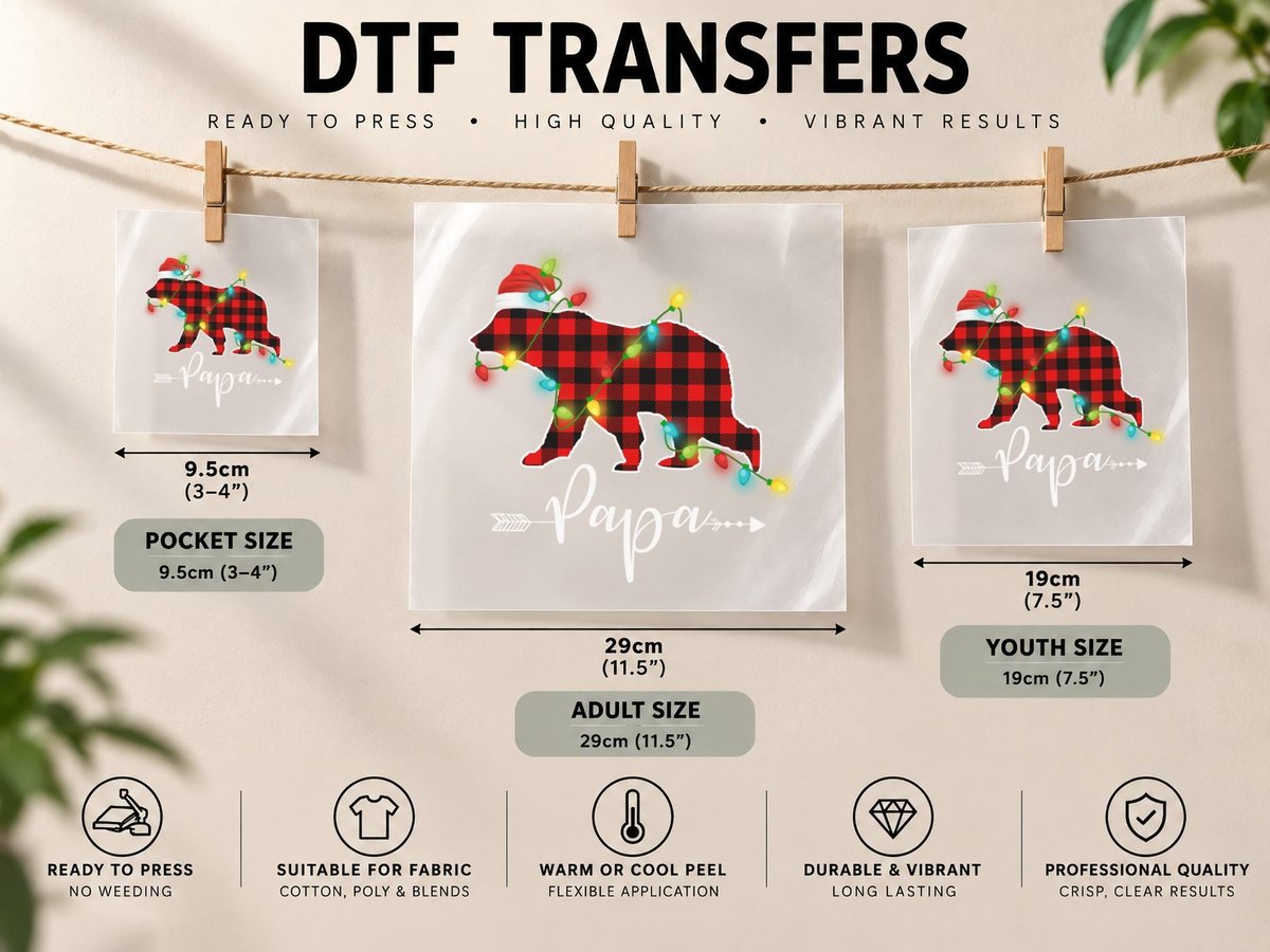Buffalo Plaid Bear, Christmas Lights, Festive Holiday Print DTF Transfer Iron On