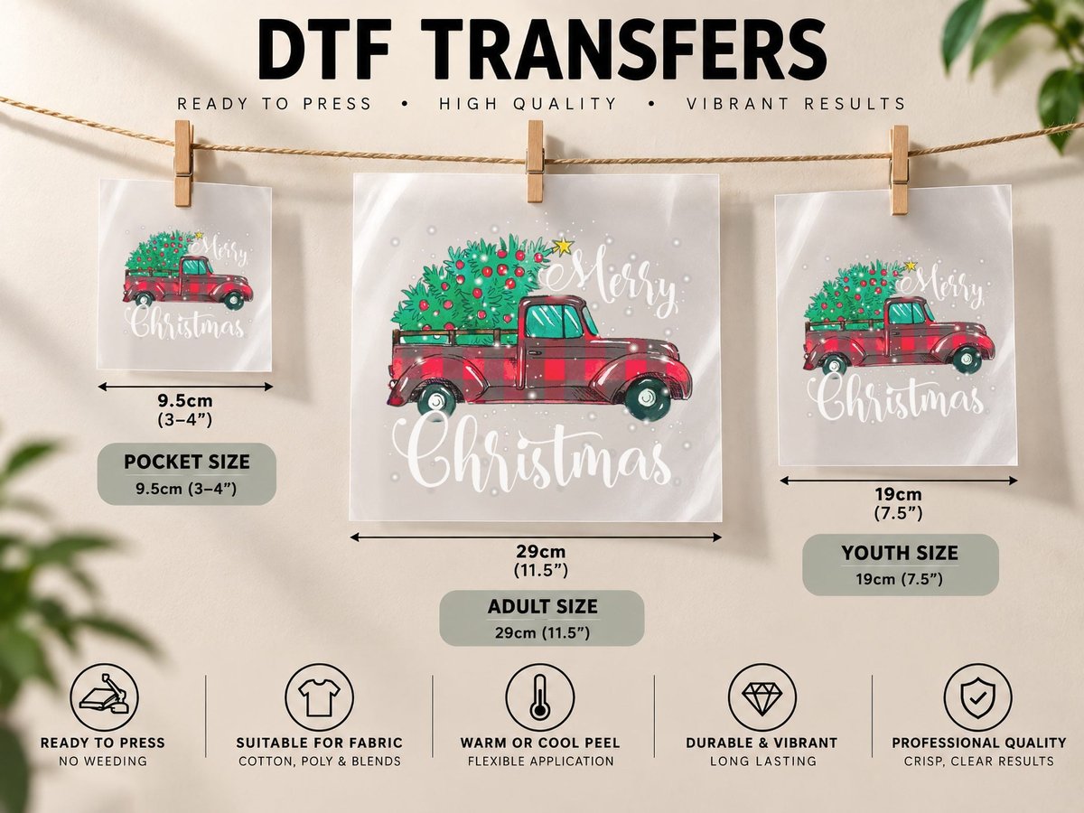 Buffalo Plaid Christmas Tree Vintage Red Truck Xmas DTF Transfer Iron On