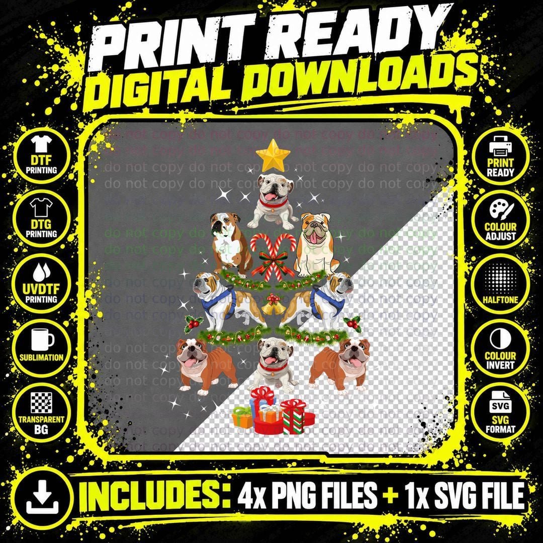 Bulldog Christmas Tree T-Shirt, Festive Holiday Print Png SVG Digital Bundle