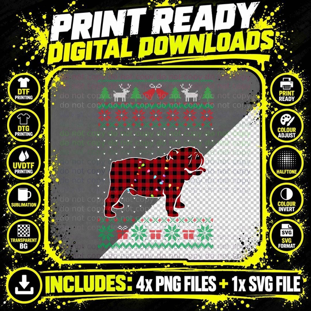 Bulldog Red Plaid Buffalo Funny Ugly Christmas Sweater Png SVG Digital Bundle