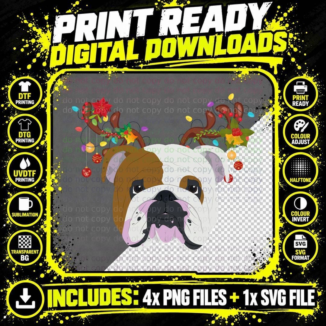 Bulldog Reindeer T-Shirt, Festive Christmas Design Png SVG Digital Bundle