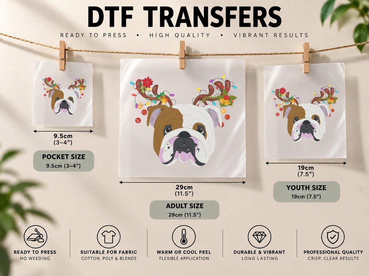 Bulldog Reindeer, Festive Christmas Design, Pet Lover DTF Transfer Iron On