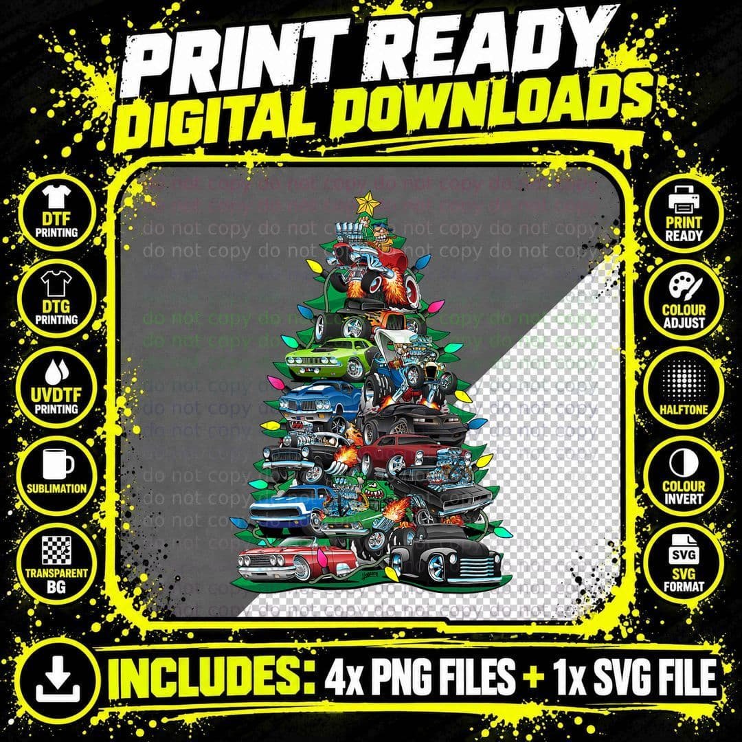 Car Madness Christmas Tree! Classic Muscle Cars and Hot Png SVG Digital Bundle