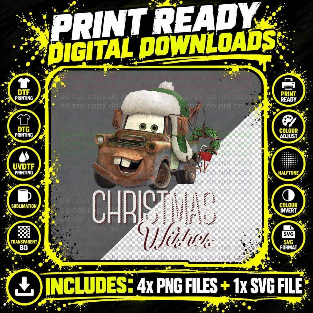 Cars Tow Mater Christmas Wishes Portrait T-Shirt Png SVG Digital Bundle