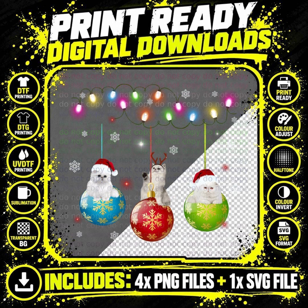 Cat Christmas Ornament T-Shirt, Festive Holiday Print Png SVG Digital Bundle