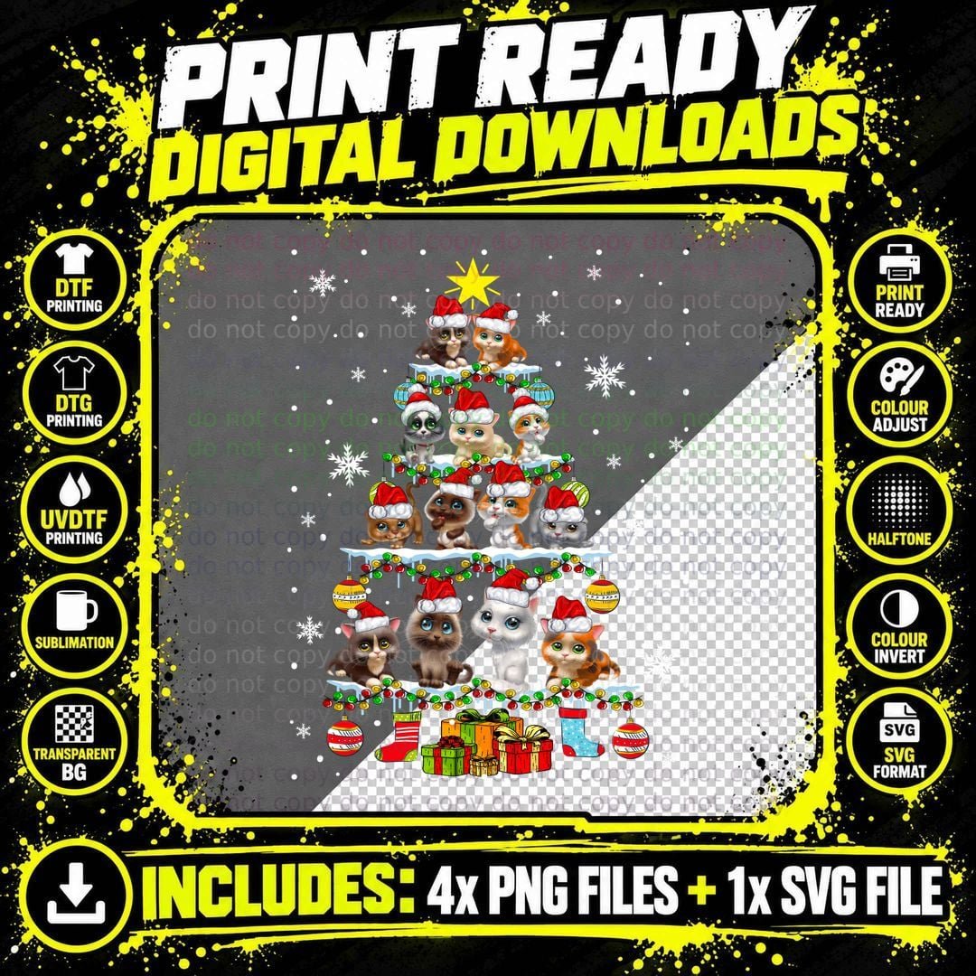 Cat Christmas Tree T-Shirt, Festive Holiday Print Png SVG Digital Bundle