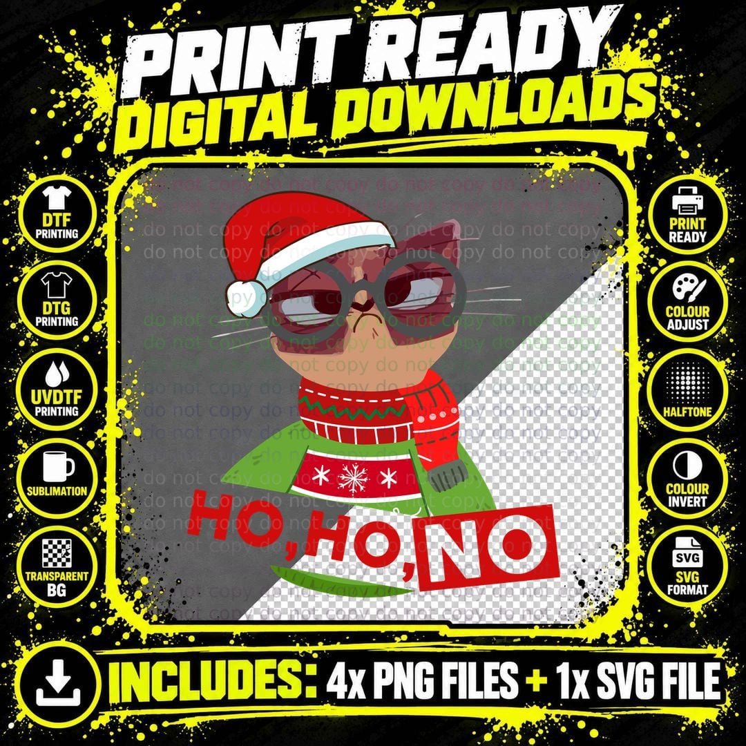 Cat Ho Ho No Funny Santa Hat T-Shirt Png SVG Digital Bundle