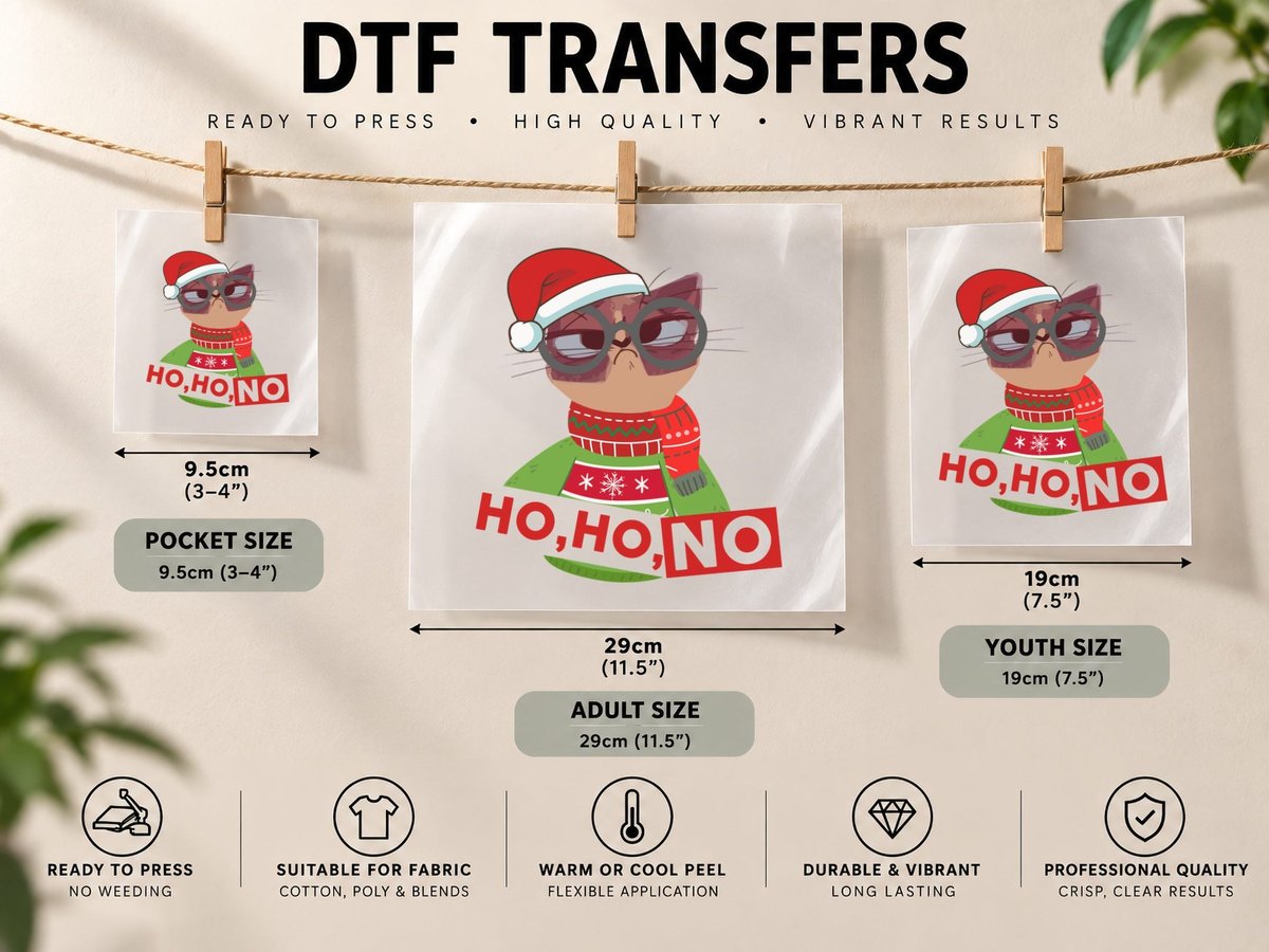 Cat Ho Ho No Funny Santa Hat, Christmas Holiday Humor DTF Transfer Iron On