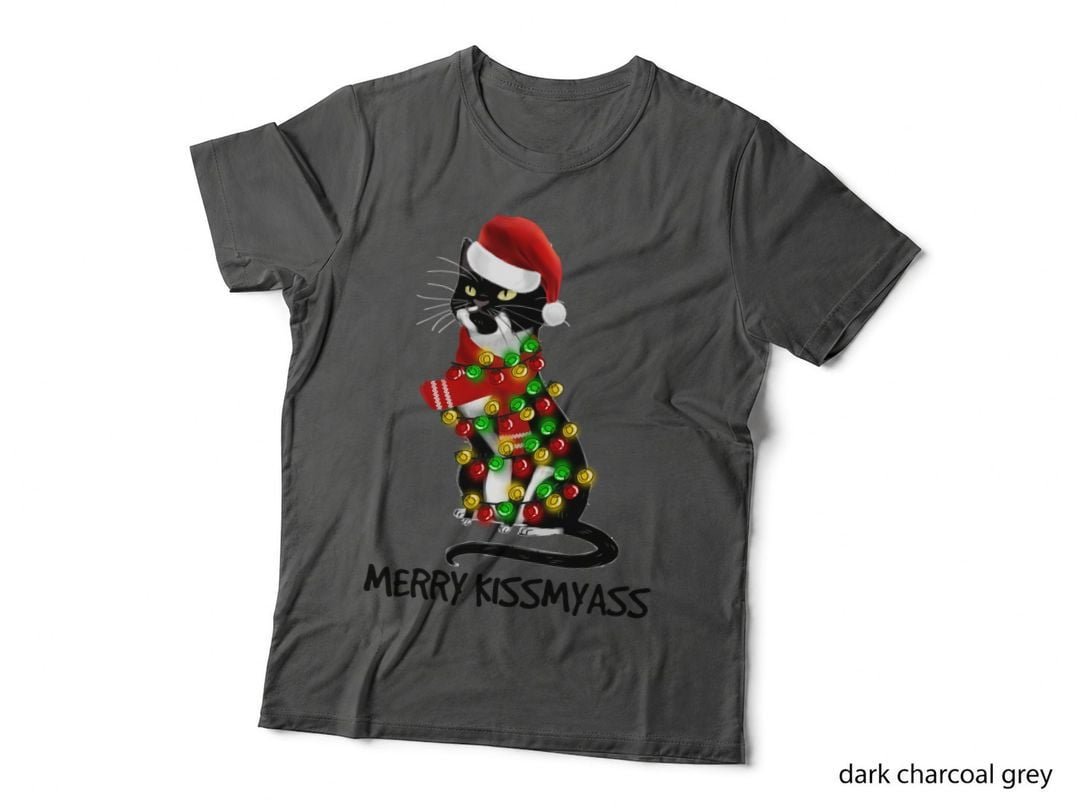 Cat Merry Kissmyass T-Shirt, Christmas Holiday, Pet Lover Apparel