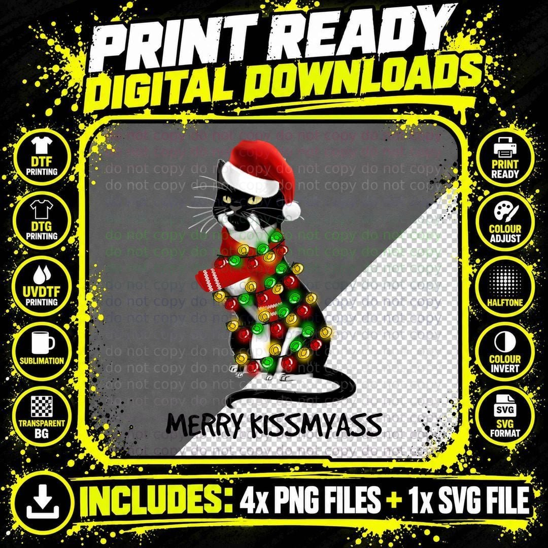 Cat Merry Kissmyass T-Shirt, Christmas Holiday Png SVG Digital Bundle