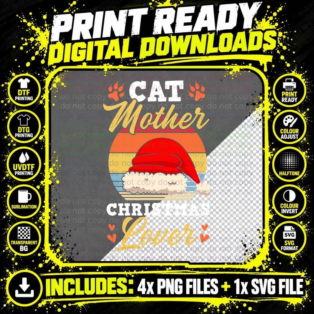 Cat Mother Christmas Mother Retro Vintage Style Png SVG Digital Bundle