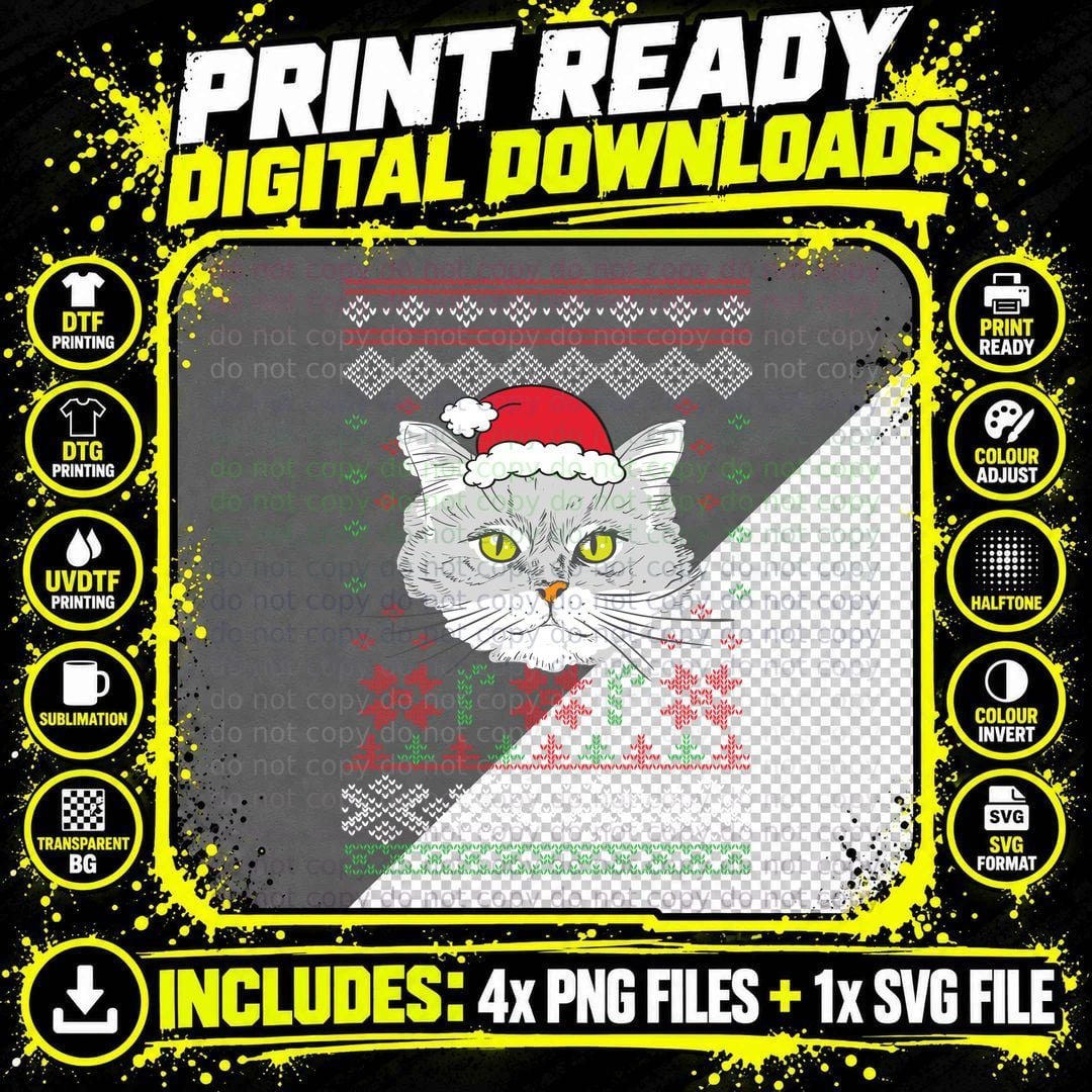 Cat Ugly Sweater T-Shirt, Christmas Holiday Print Png SVG Digital Bundle