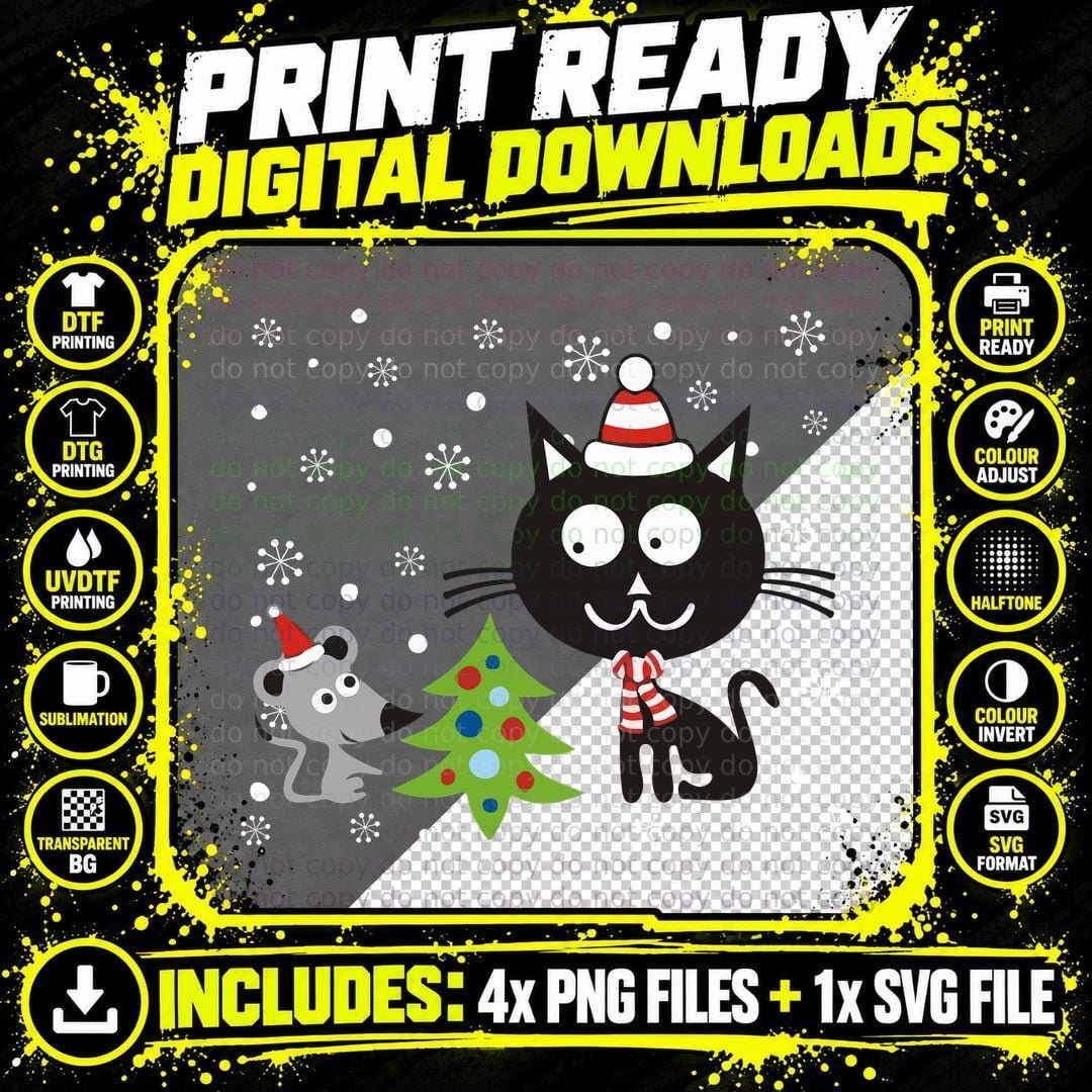 Cat and Mouse Christmas T-Shirt, Festive Holiday Print Png SVG Digital Bundle
